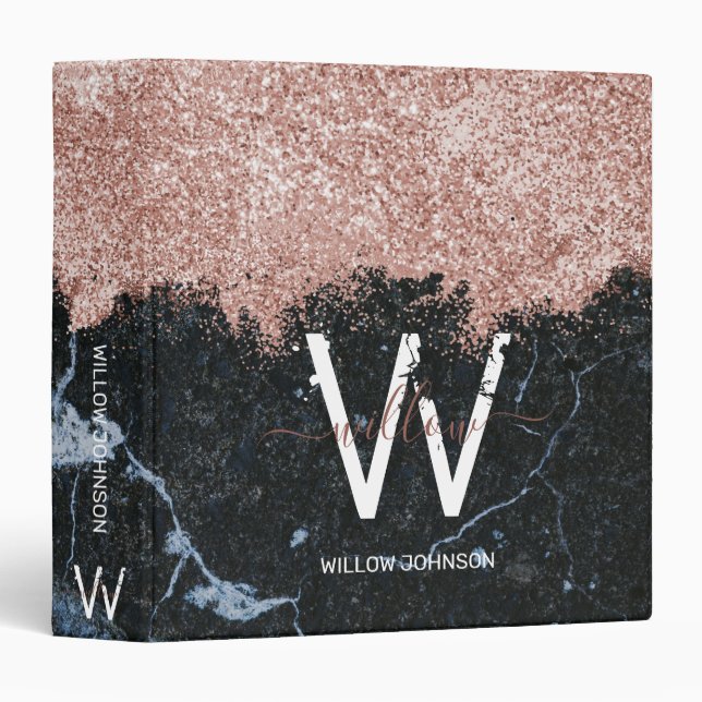 Rose Gold Pink Black Marble Glitter Dust Monogram 3 Ring Binder (Front/Spine)