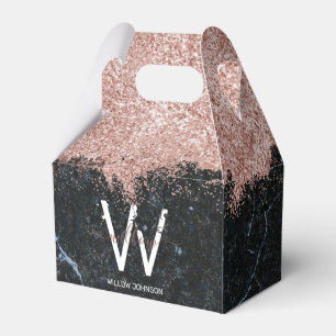 Rose Gold Pink Black Marble Glitter Dust Monogram Favor Boxes