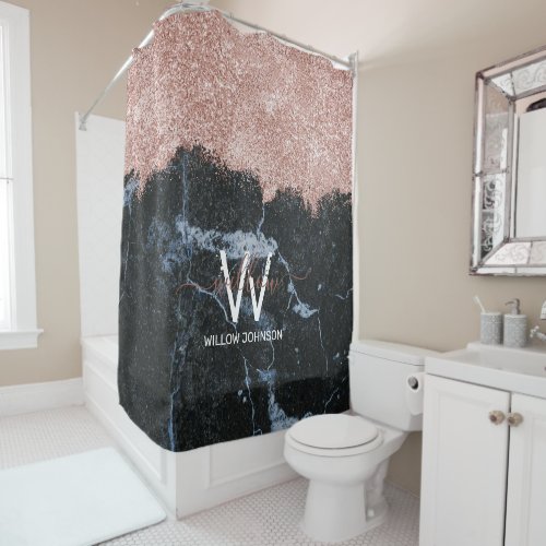 Rose Gold Pink Black Marble Glitter Dust Monogram Shower Curtain