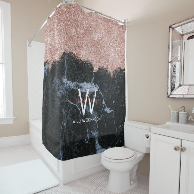 Rose Gold Pink Black Marble Glitter Dust Monogram Shower Curtain (In Situ)