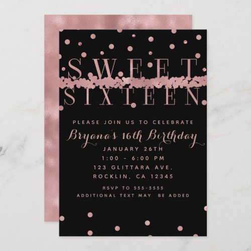 Rose Gold Pink  Black Modern Glam Sweet 16 Party Invitation