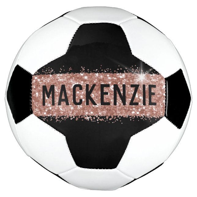 Rose Gold Pink Black Sparkly Stripe Monogram Name Soccer Ball (Rotated)
