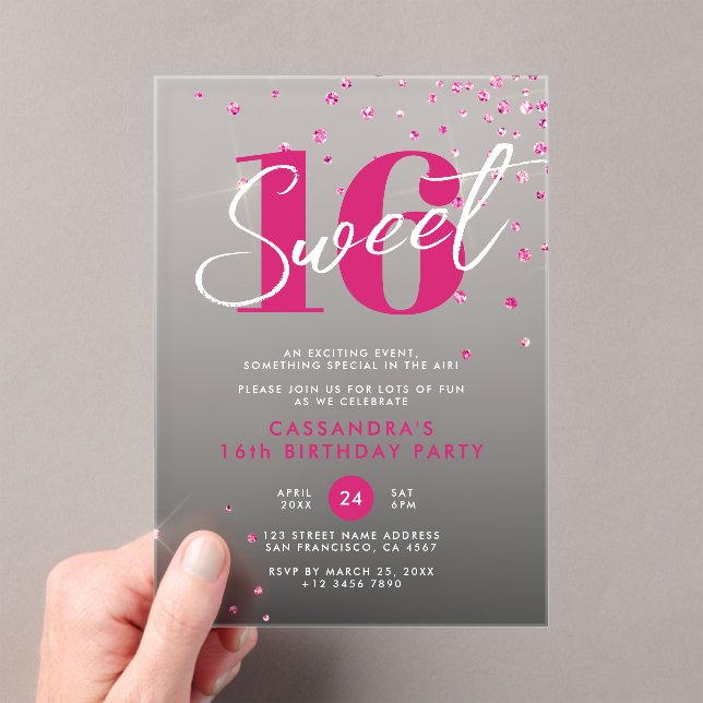 Rose Gold Pink & Black Sweet 16 Birthday Acrylic Invitations (Insitu (Handheld))