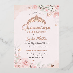 Rose Gold Pink Blooming Butterfly Quinceanera Foil Invitation