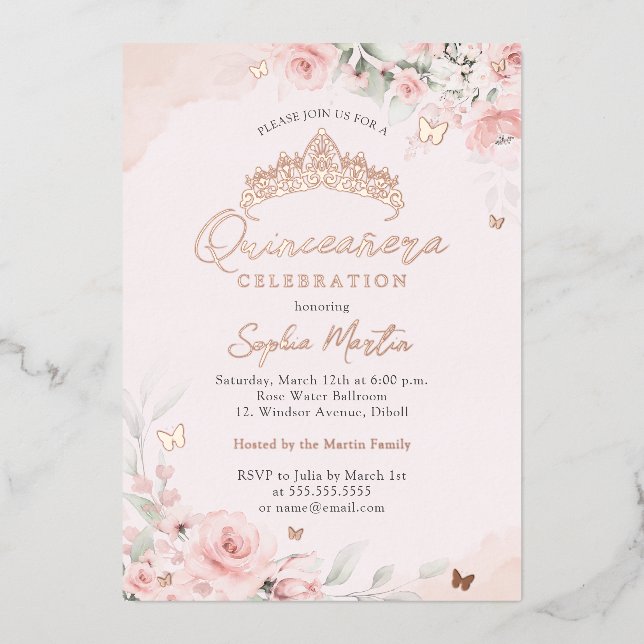 Rose Gold Pink Blooming Butterfly Quinceanera  Foil Invitation (Front)