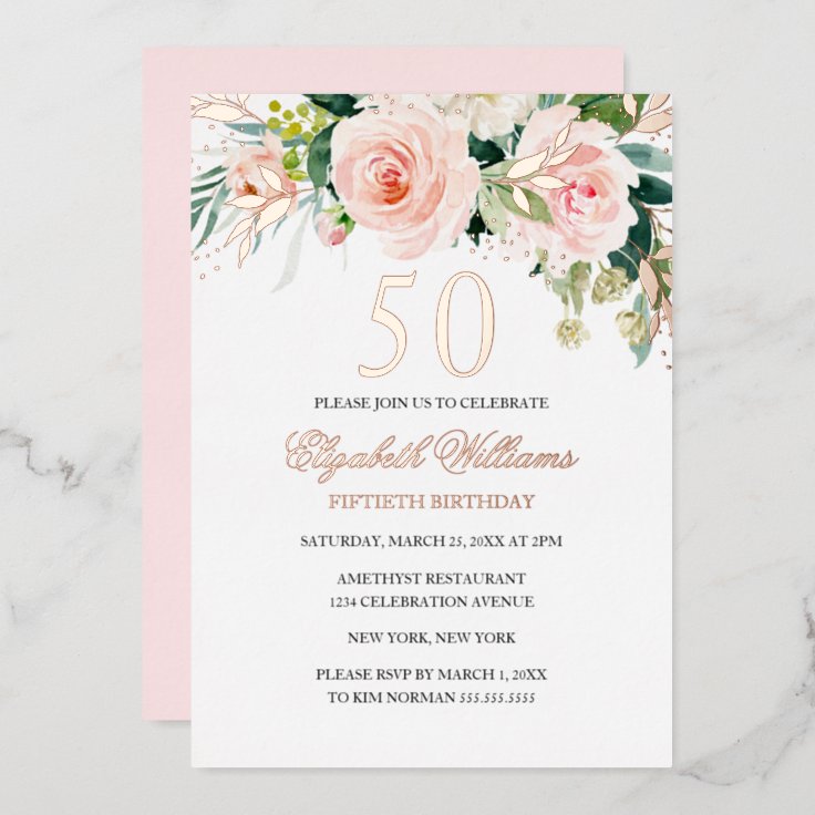 Rose Gold Pink Blush 50th Birthday Foil Invitation | Zazzle