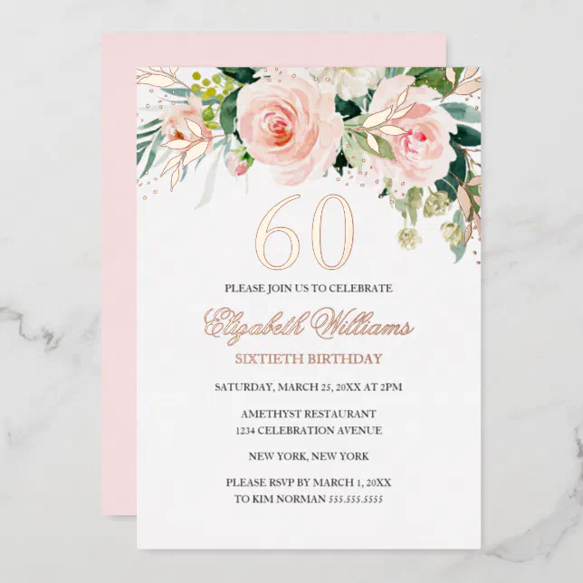 Rose Gold Pink Blush 60th Birthday Foil Invitation | Zazzle