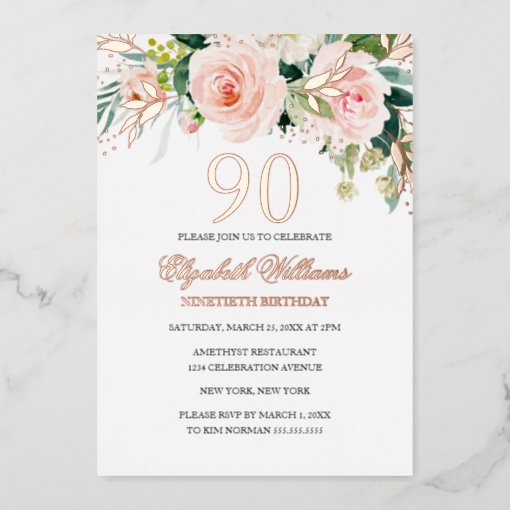 Rose Gold Pink Blush 90th Birthday Foil Invitation | Zazzle