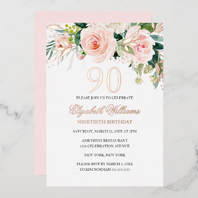 Rose Gold Pink Blush 90th Birthday Foil Invitation (Front/Back)