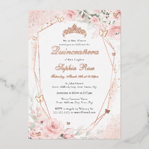 Rose Gold Pink Blush Butterfly Floral Quinceanera Foil Invitation