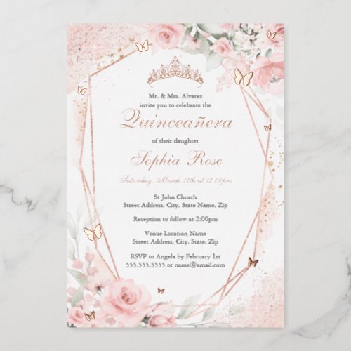Rose Gold Pink Blush Butterfly Floral Quinceanera Foil Invitation