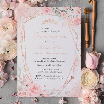 Rose Gold Pink Blush Butterfly Floral Quinceanera Foil Invitation by LittleBayleigh at Zazzle