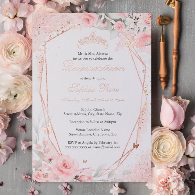 Rose Gold Pink Blush Butterfly Floral Quinceanera Foil Invitation (Creator Uploaded)