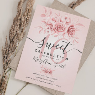 Rose Gold & Pink Blush Fab Floral Glitter Sweet 16 Invitation