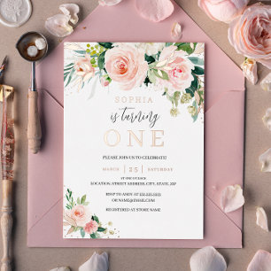 Rose Gold Pink Blush Floral Girl 1st Birthday  Foi Foil Invitation