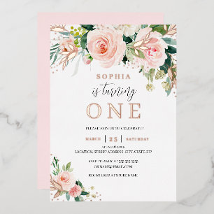 Rose Gold Pink Blush Floral Girl 1st Birthday Foil Invitation