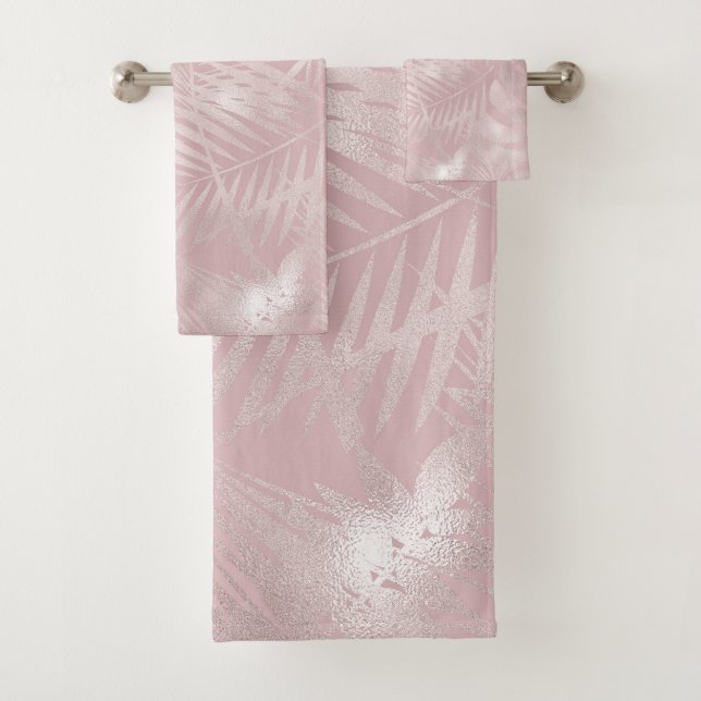 Rose Gold Pink Botanical Tropical Palm Tree Leaves Bath Towel Set (Insitu)