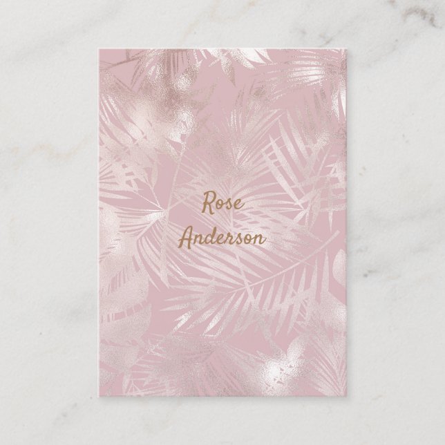 Rose Gold Pink Botanical Tropical Palm Tree Leaves Business Card (Front)