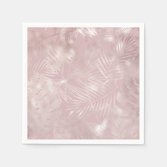Rose Gold Pink Botanical Tropical Palm Tree Leaves Napkins (Front)