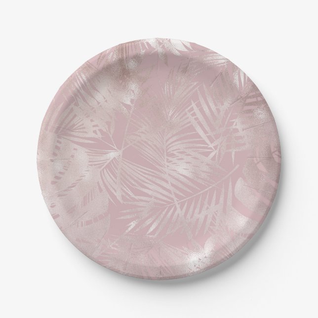 Rose Gold Pink Botanical Tropical Palm Tree Leaves Paper Plates (Front)