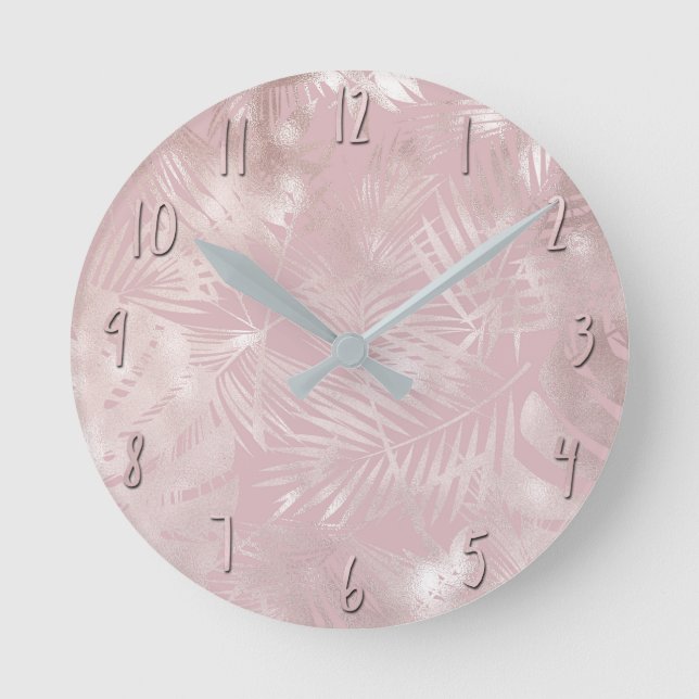 Rose Gold Pink Botanical Tropical Palm Tree Leaves Round Clock (Front)