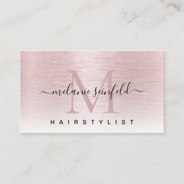 Rose Gold Pink Brushed Metal Elegant Monogram Business Card (Front)