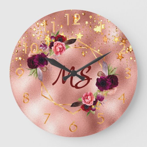 Rose gold pink burgundy floral stars monogram large clock