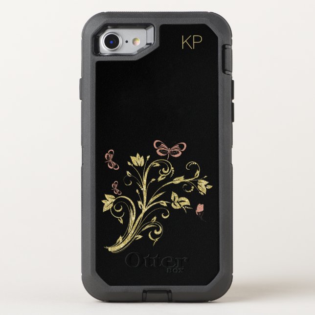 Rose Gold Pink Butterfly Black with Monogram Otterbox iPhone Case (Back)