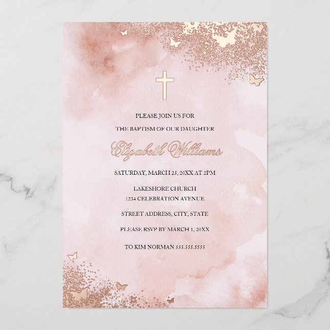 Rose Gold Pink Butterfly Cross Girl Baptism Foil Invitation (Front)