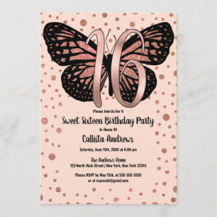 Rose Gold Pink Butterfly Glitter Confetti Sweet 16 Invitation
