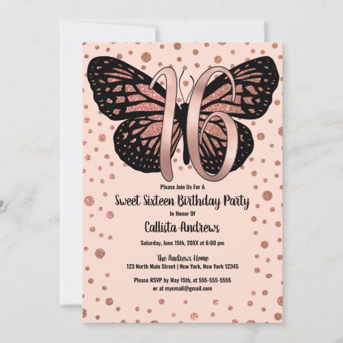 Rose Gold Pink Butterfly Glitter Confetti Sweet 16 Invitation
