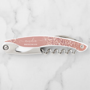 Rose Gold Pink Calligraphy Bridesmaid Name Favor Waiter's Corkscrew