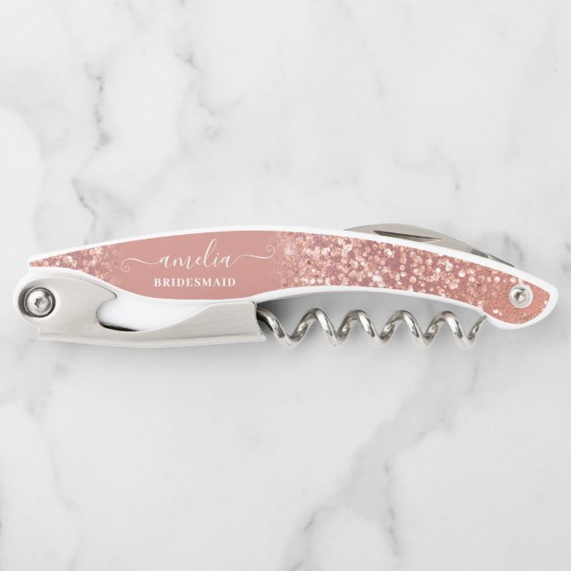 Rose Gold Pink Calligraphy Bridesmaid Name Favor Waiter's Corkscrew (Front)