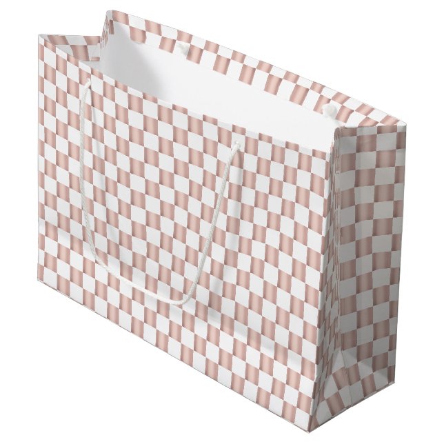 Rose Gold Pink Checkerboard Pattern Large Gift Bag (Front Angled)