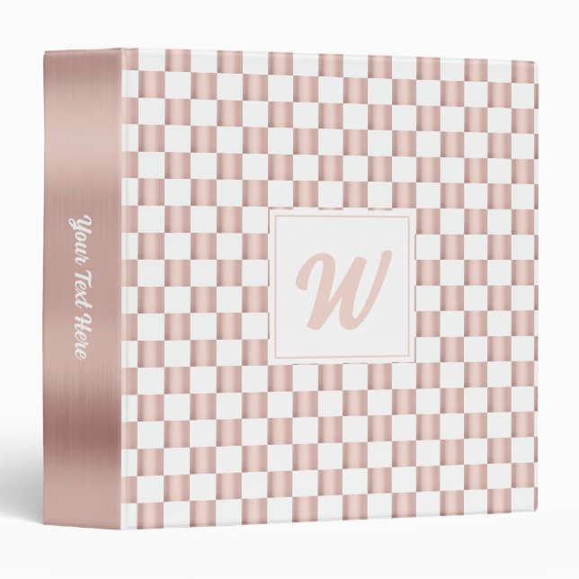 Rose Gold Pink Checkerboard Pattern Monogram  3 Ring Binder (Front/Spine)
