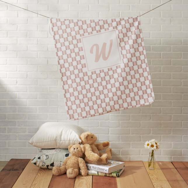 Rose Gold Pink Checkerboard Pattern Monogram  Baby Blanket (In Situ)