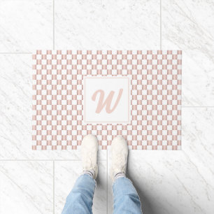 Rose Gold Pink Checkerboard Pattern Monogram Doormat