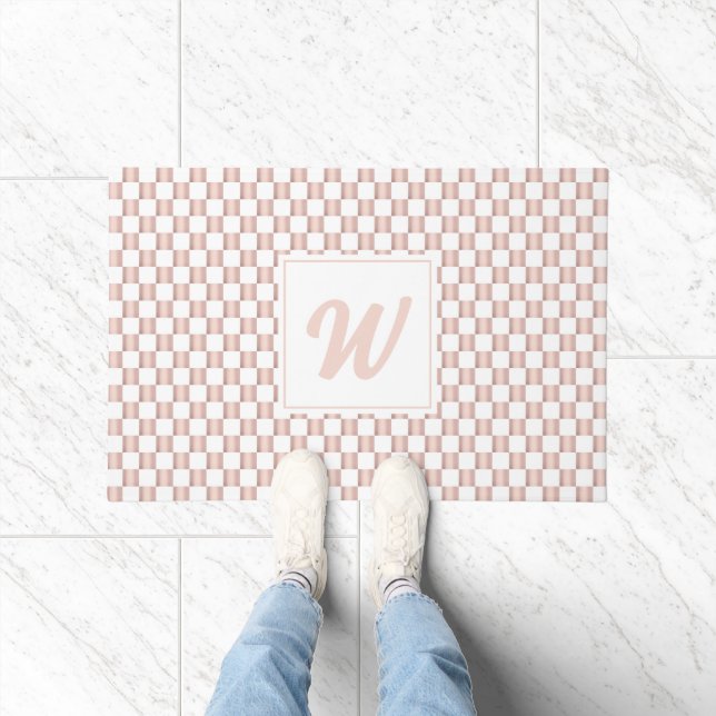 Rose Gold Pink Checkerboard Pattern Monogram Doormat (Indoor)
