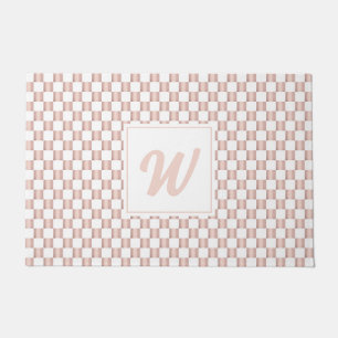 Rose Gold Pink Checkerboard Pattern Monogram Doormat
