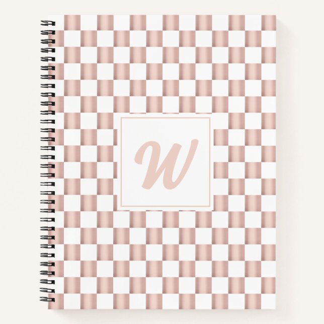 Rose Gold Pink Checkerboard Pattern Monogram Notebook (Front)