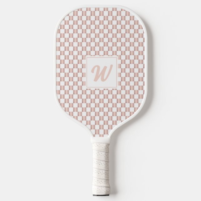 Rose Gold Pink Checkerboard Pattern Monogram  Pickleball Paddle (Front)