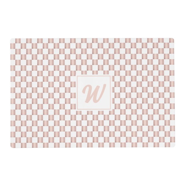 Rose Gold Pink Checkerboard Pattern Monogram  Placemat (Front)