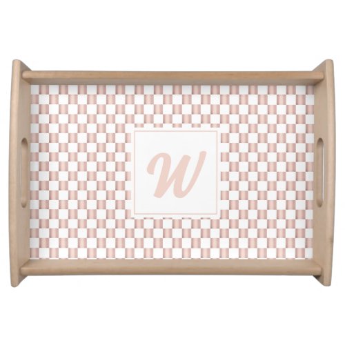 Rose Gold Pink Checkerboard Pattern Monogram Serving Tray