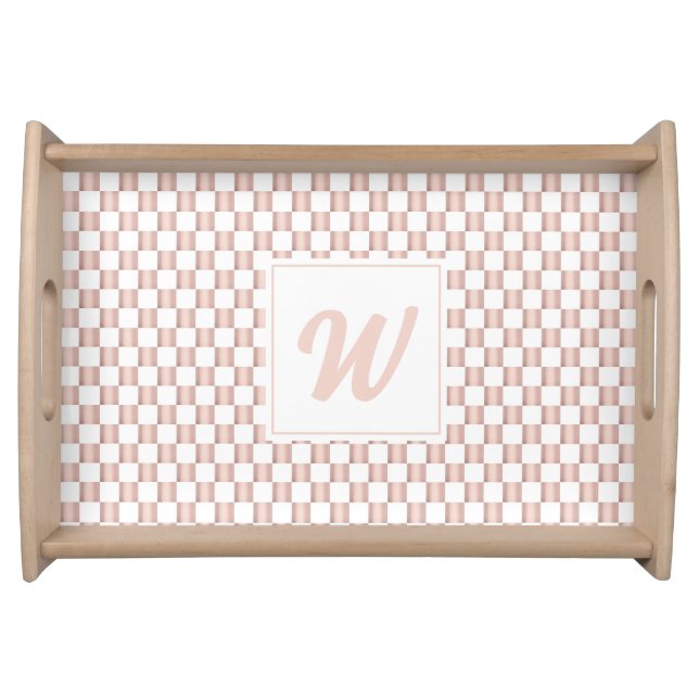 Rose Gold Pink Checkerboard Pattern Monogram Serving Tray (Front)