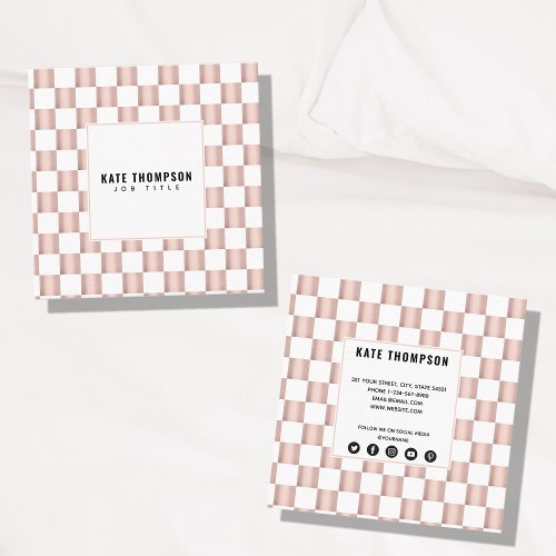 Rose Gold Pink Checkerboard Pattern Social Media Square Business Card