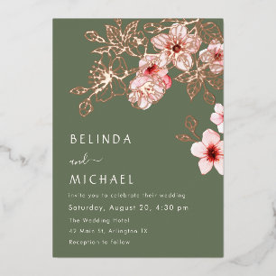 Rose Gold Pink Cherry Blossom Casual Wedding Foil Invitation