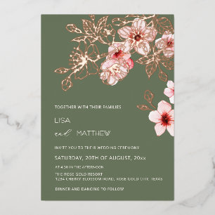 Rose Gold Pink Cherry Blossom Casual Wedding Foil Invitation