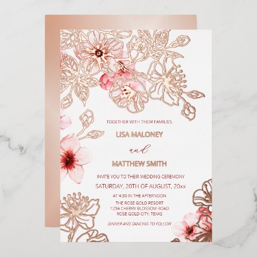 Rose Gold Pink Cherry Blossom | Photo Wedding Foil Invitation