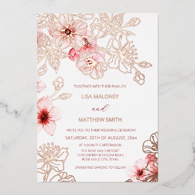 Rose Gold Pink Cherry Blossom | Photo Wedding Foil Invitation (Front)