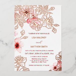 Rose Gold Pink Cherry Blossom Photo Wedding Foil Invitation